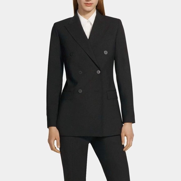 Theory Jackets & Blazers - Theory Womens Black Double Breasted Wool Lycra Stretch Blazer Jacket Size 8